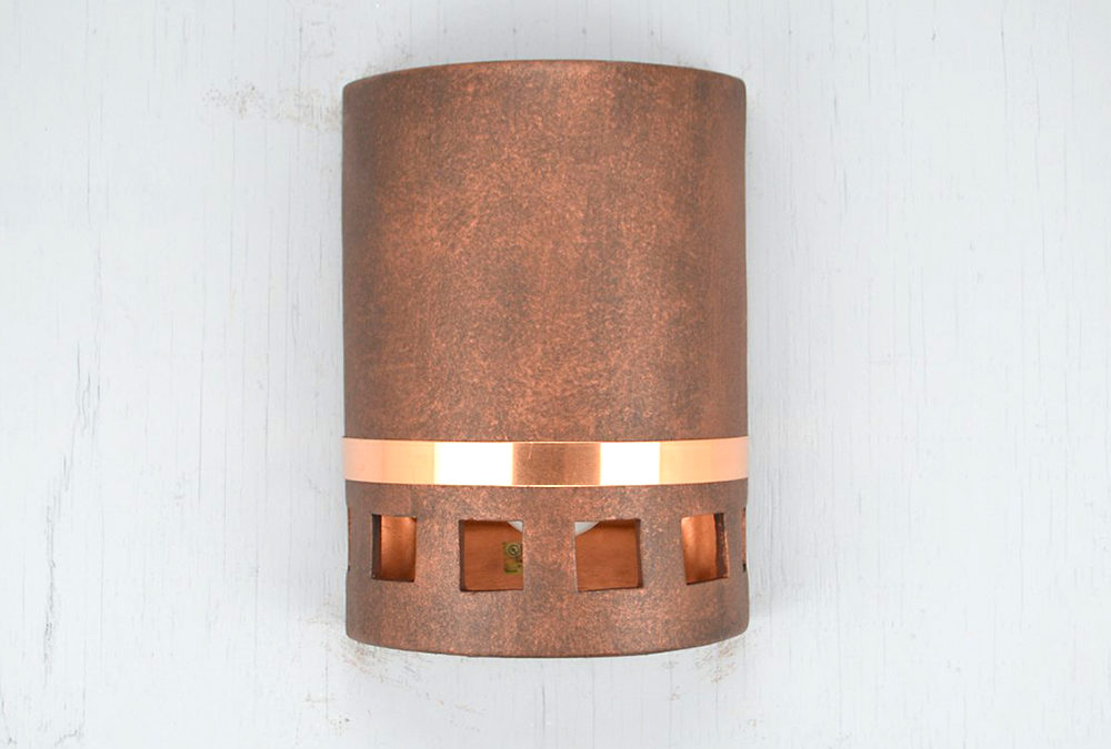 10″ Wall Light-Squares Border-Open Top ADA Low Profile Half Round-Copper Band-Antique Copper-Indoor-Outdoor