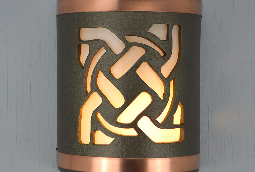 9″ Wall Light-Celtic Circle-Open Top Half Round-Anodized Bronze-Brushed and Sealed Copper Bands-Indoor-Outdoor