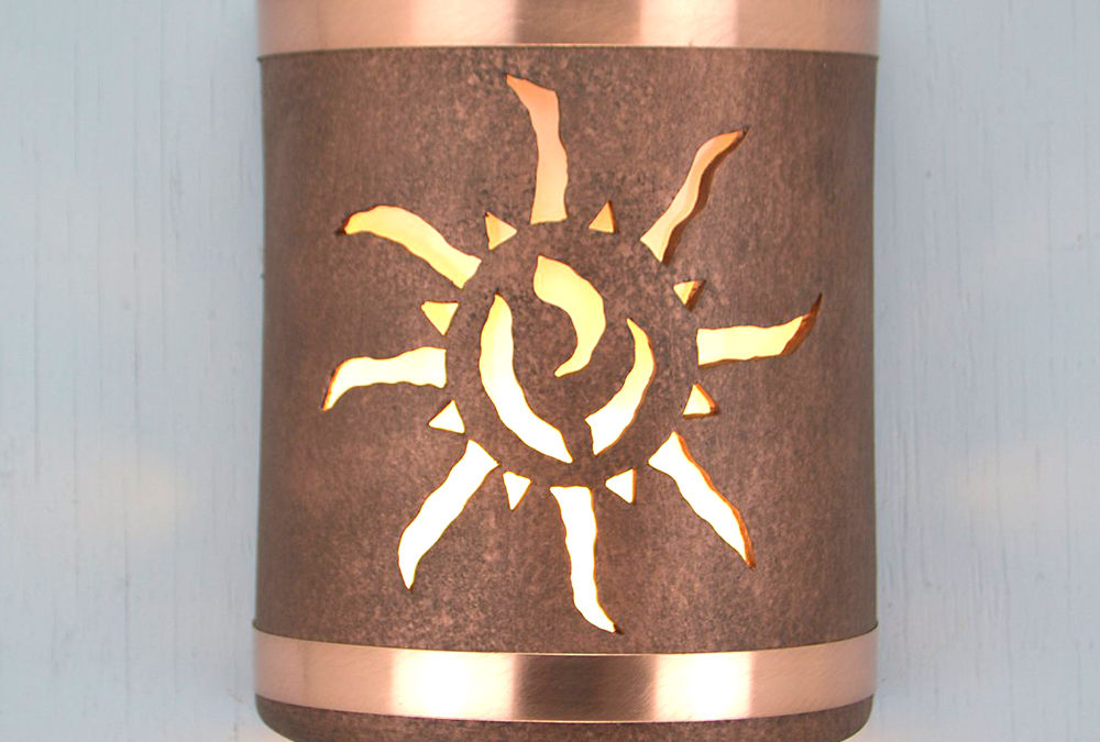 9″ Wall Light-Ancient Sun-Open Top Half Round-Antique Copper-Brushed & Sealed Copper Bands-Indoor-Outdoor