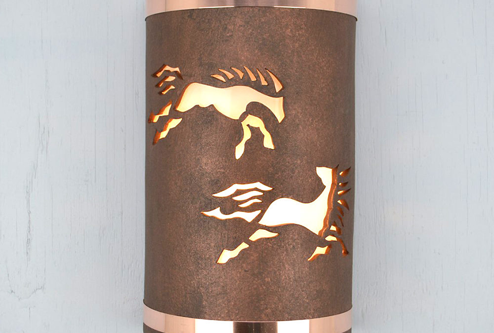 14″ Wall Light-Wild Horses-Open Top Half Round-Antique Copper-Copper Bands-Indoor-Outdoor