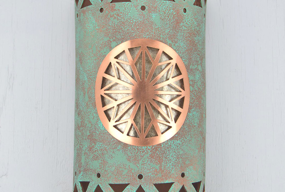 14″ Wall Light-Dreamcatcher Copper Cover w/Tribal Drum Border-Open Top Half Round-Raw Turquoise-Silver Mica-Indoor-Outdoor