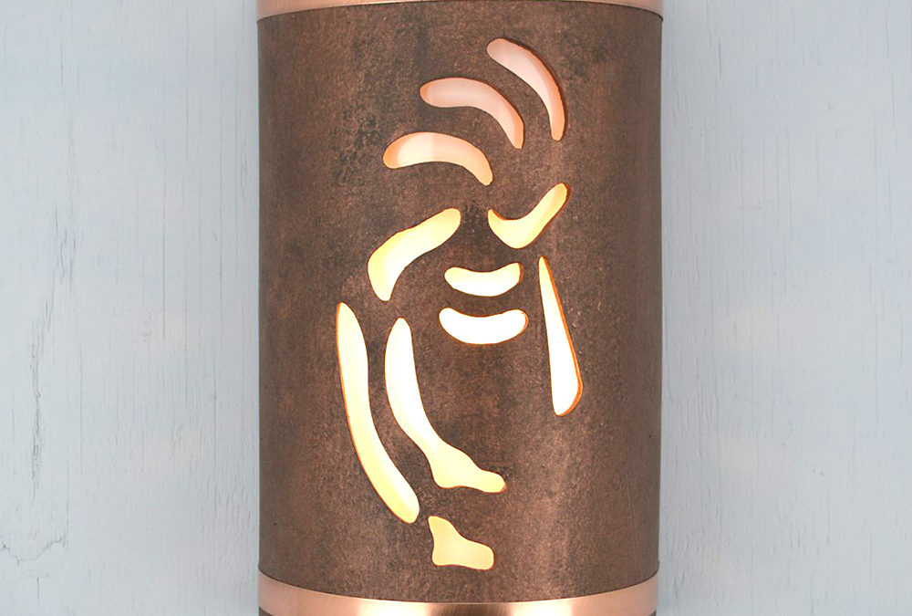 14″ Wall Light-Kokopelli-Closed Top (Dark Sky) Half Round-Antique Copper-Raw Copper Bands-Indoor-Outdoor