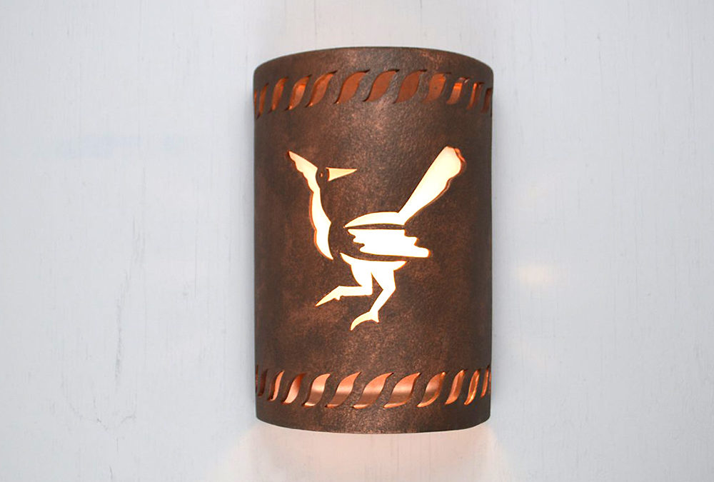 12″ Wall Light-Roadrunner w/Rope Border-Open Top Half Round-Antique Copper-Indoor-Outdoor