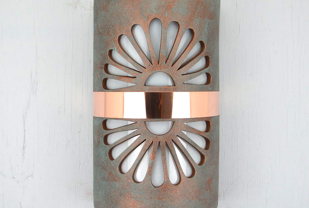 14″ Wall Light-Double Fan-Closed Top (Dark Sky) Half Round-Copper Patina-Middle Raw Copper Band-Indoor/Outdoor