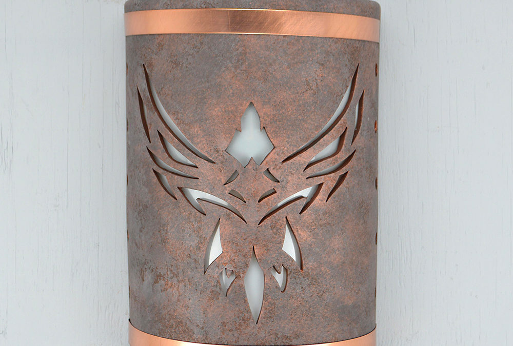 14″ Wall Light-Phoenix-ADA Low Profile-Closed Top (Dark Sky) Half Round-Antique Copper-Raw Copper Bands-Indoor-Outdoor