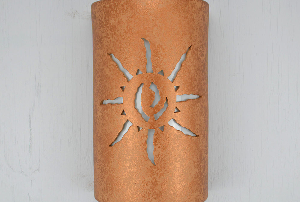 14″ Wall Light-Ancient Sun-Open Top Half Round-Brown Mica-Indoor-Outdoor