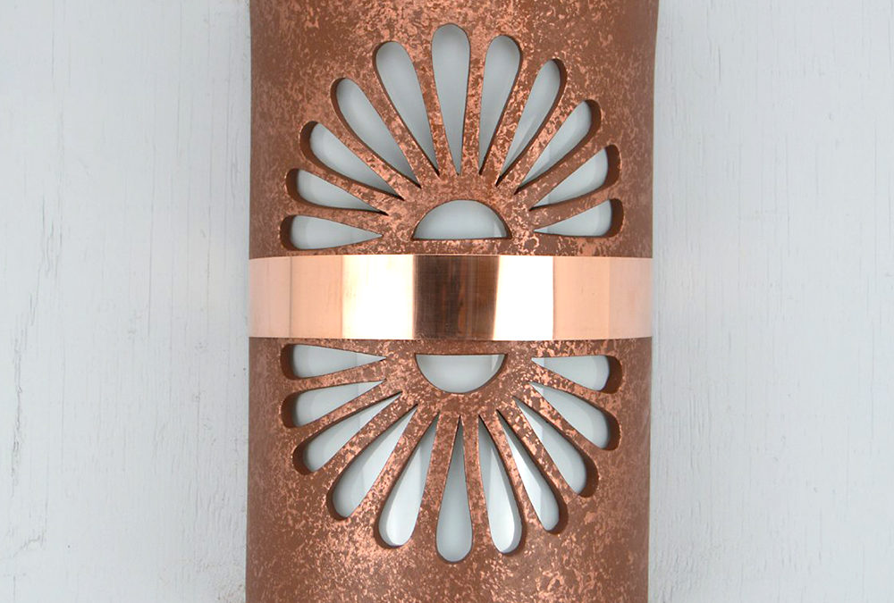 14″ Wall Light-Double Fan-Open Top Half Round-Rust Mica-Middle Raw Copper Band-Indoor-Outdoor