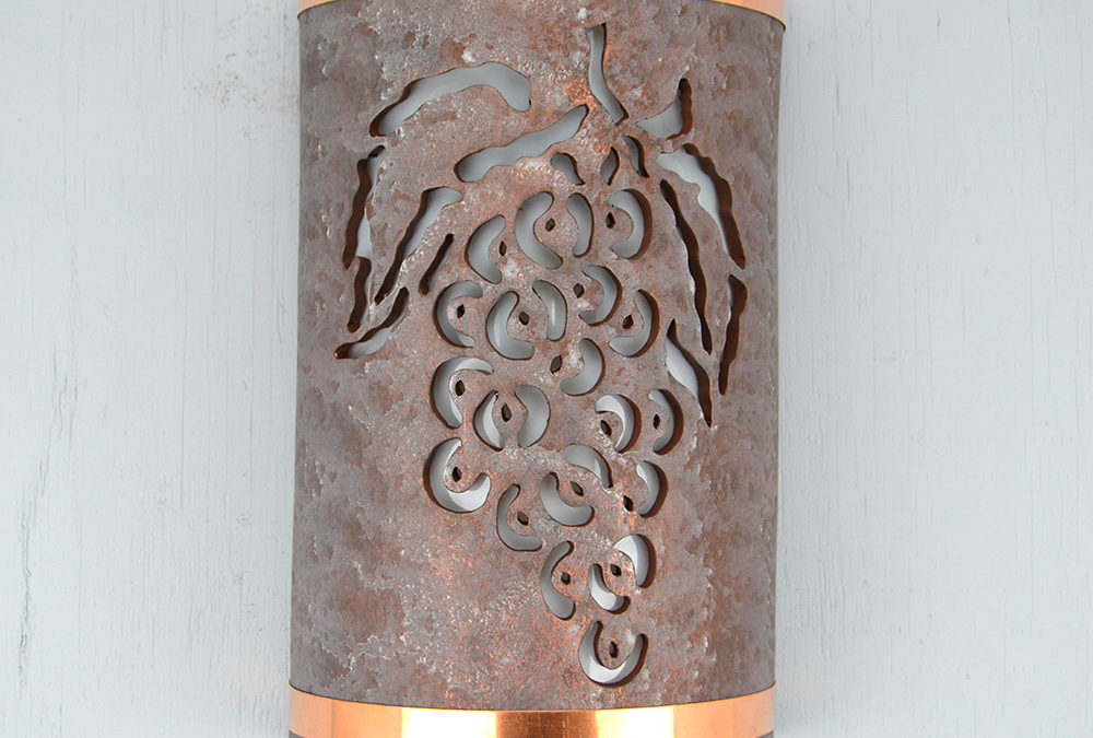 14″ Wall Light-Grapes-Open Top Half Round-Raw Copper Bands-Copper Wash-Indoor-Outdoor