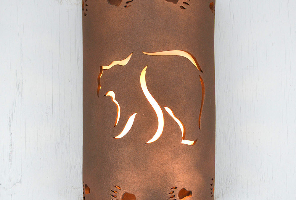 14″ Wall Light-Mountain Bear w/Bear Tracks Border-Open Top Half Round-Iron Oxide-Indoor-Outdoor