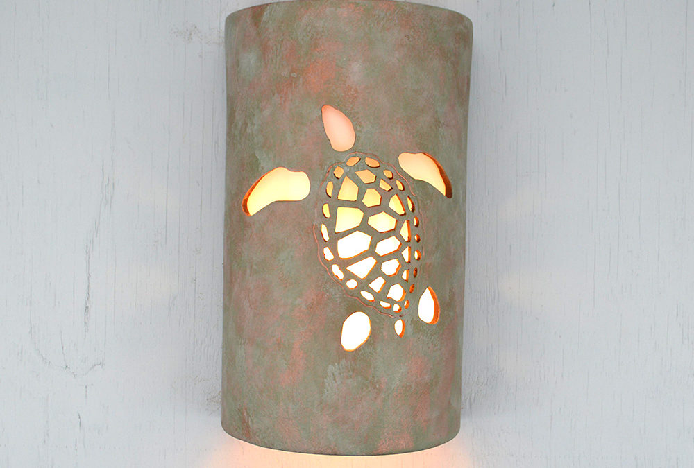 14″ Wall Light-Ocean Turtle (Left Facing)-Open Top Half Round-Oak Moss-Indoor-Outdoor