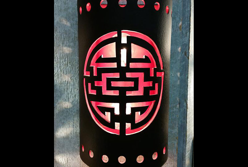 14″ Wall Light-Shoji w/Circle Border-Open Top Half Round-Asian Red Inside-Black Suede-Dbl Interior-Inside Only