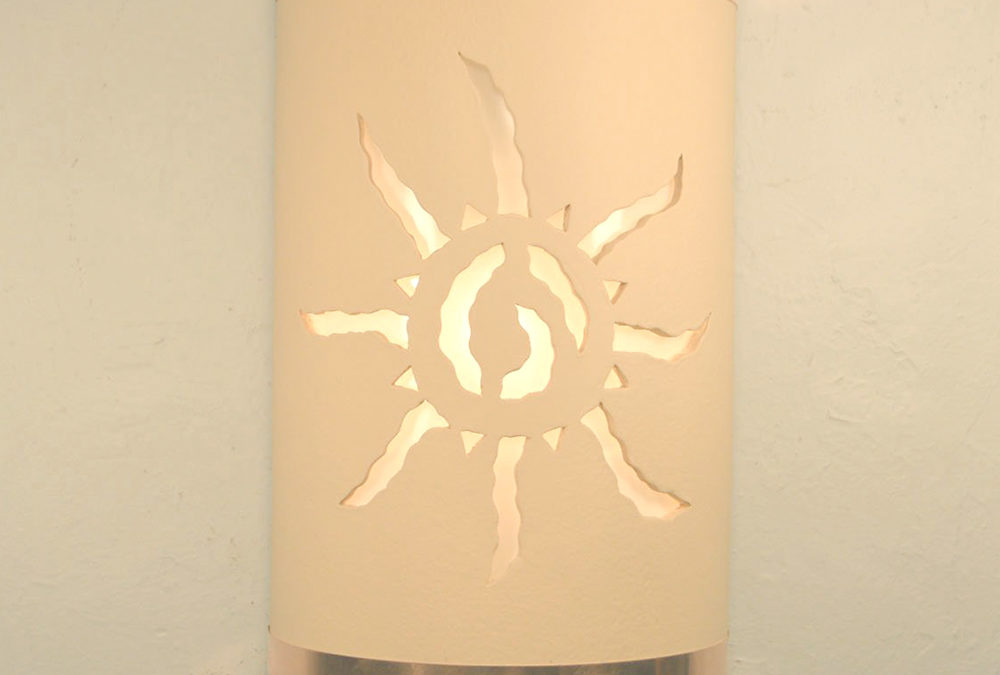 14″ Wall Light-Ancient Sun w/Raw Copper Bands-Open Top Half Round-Tan-Indoor-Outdoor