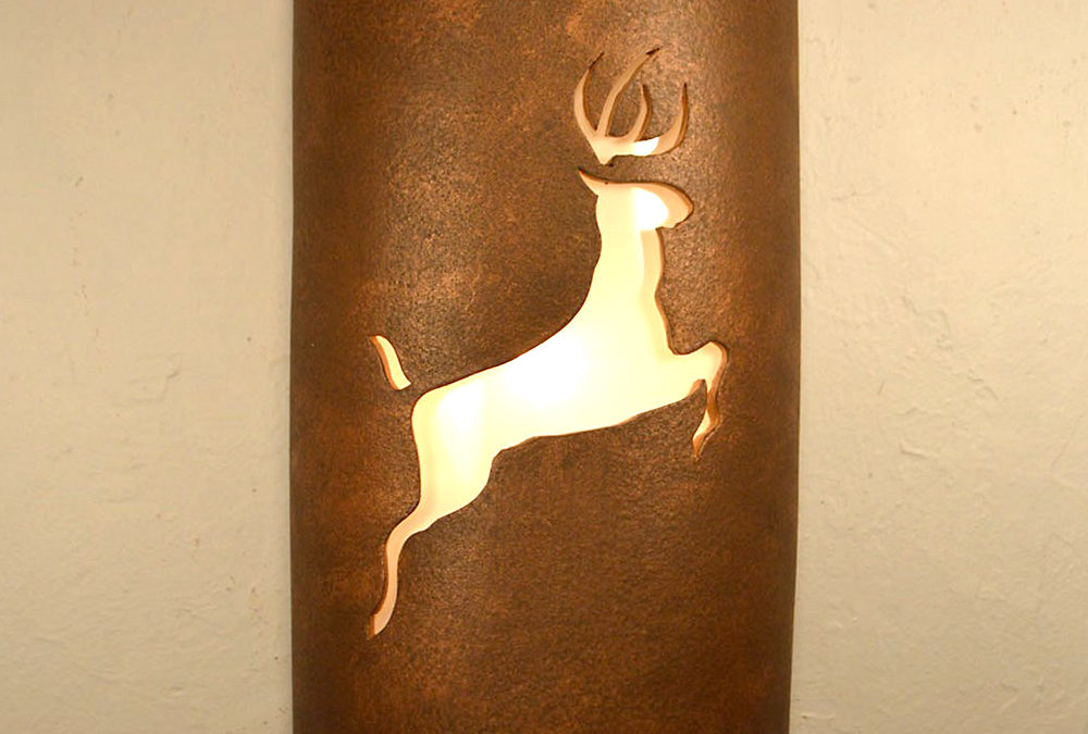 14″ Wall Light-Leaping Deer-Open Top Half Round-Antique Copper-Indoor-Outdoor