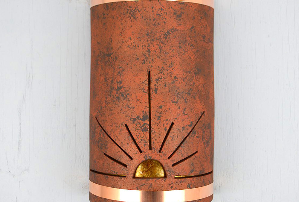 18″ Wall Light-Sunrise-Closed Top (Dark Sky) Half Round-Copper Brick-Raw Copper Bands-Amber Mica-Indoor-Outdoor