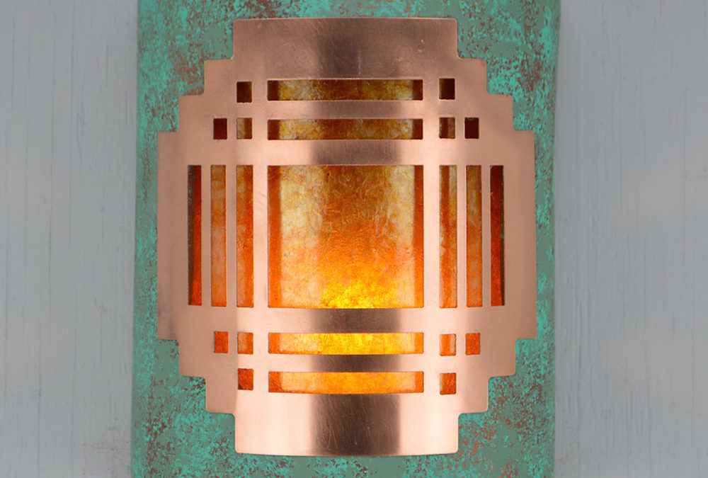 9″ Wall Light-Mission Copper Cover-Closed Top (Dark Sky) Half Round-Raw Turquoise-Amber Mica-Indoor-Outdoor