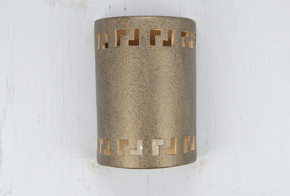 9″ Wall Light-Greek Key-Closed Top (Dark Sky) Half Round-Tan Haze-Indoor-Outdoor