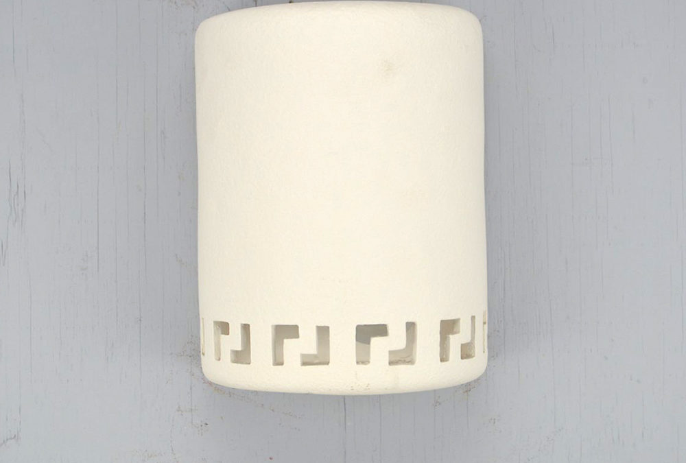 9″ Wall Light-Greek Key Bottom Border-Open Top Half Round-White-Indoor-Outdoor