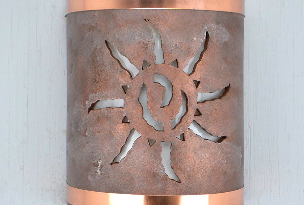 9″ Wall Light-Ancient Sun-Open Top Half Round-Copper Wash-Raw Copper Bands-Indoor-Outdoor