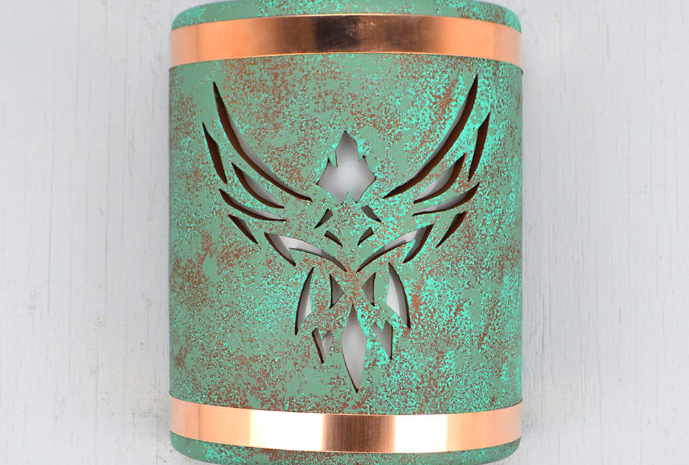 9″ Wall Light-Phoenix-Open Top Half Round-Raw Turquoise- Raw Copper Bands-Indoor-Outdoor-