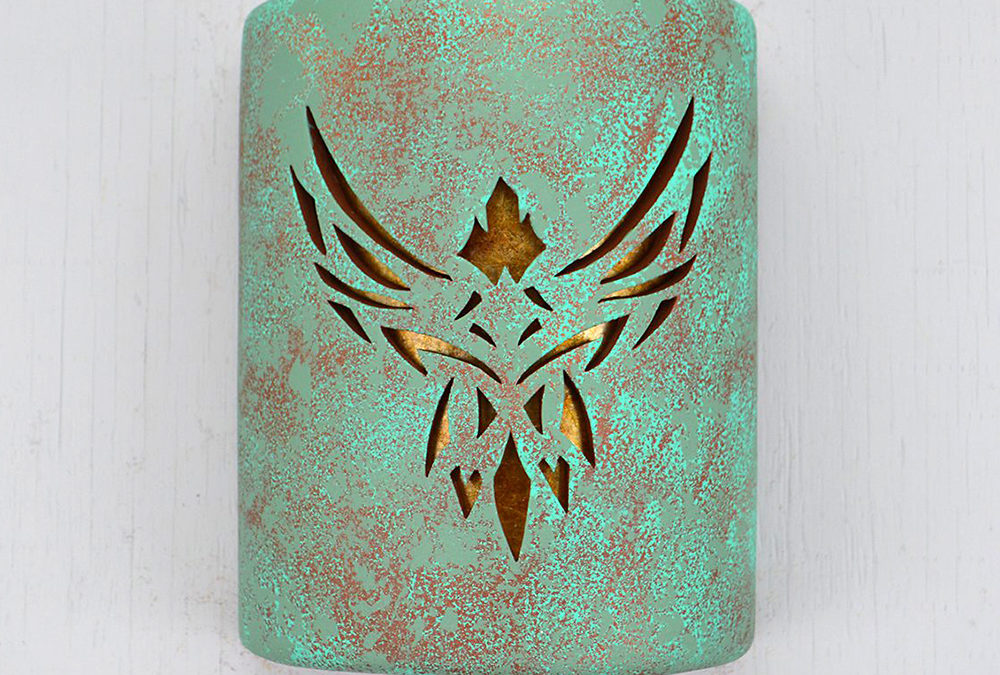 9″ Wall Light-Phoenix-Open Top Half Round-Raw Turquoise-Amber Mica-Indoor-Outdoor