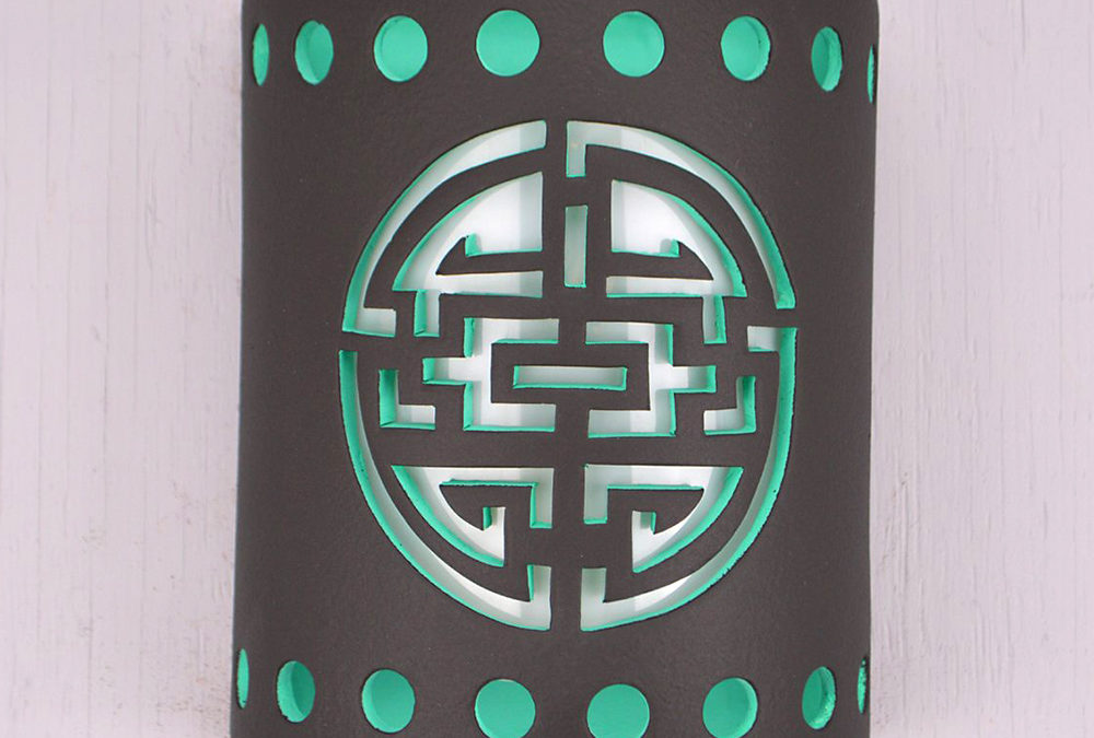 9″ Wall Light-Shoji w/Circle Borders-Open Top Half Round-Black-Turquoise Inside-Indoor-Outdoor