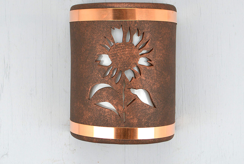 9″ Wall Light-Sunflower-Open Top Half Round-Antique Copper-Raw Copper Bands-Indoor-Outdoor