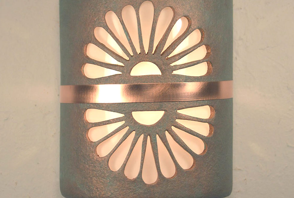 9″ Wall Light-Double Fan w/Middle Brushed and Sealed Copper Band-Open Top Half Round-Copper Patina-Indoor-Outdoor