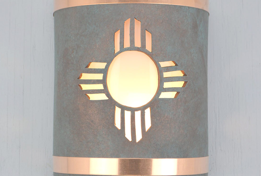 9″ Wall Light-Plain Kachina (4 pt)-Open Top Half Round-Copper Patina-Raw Copper Bands-Indoor-Outdoor