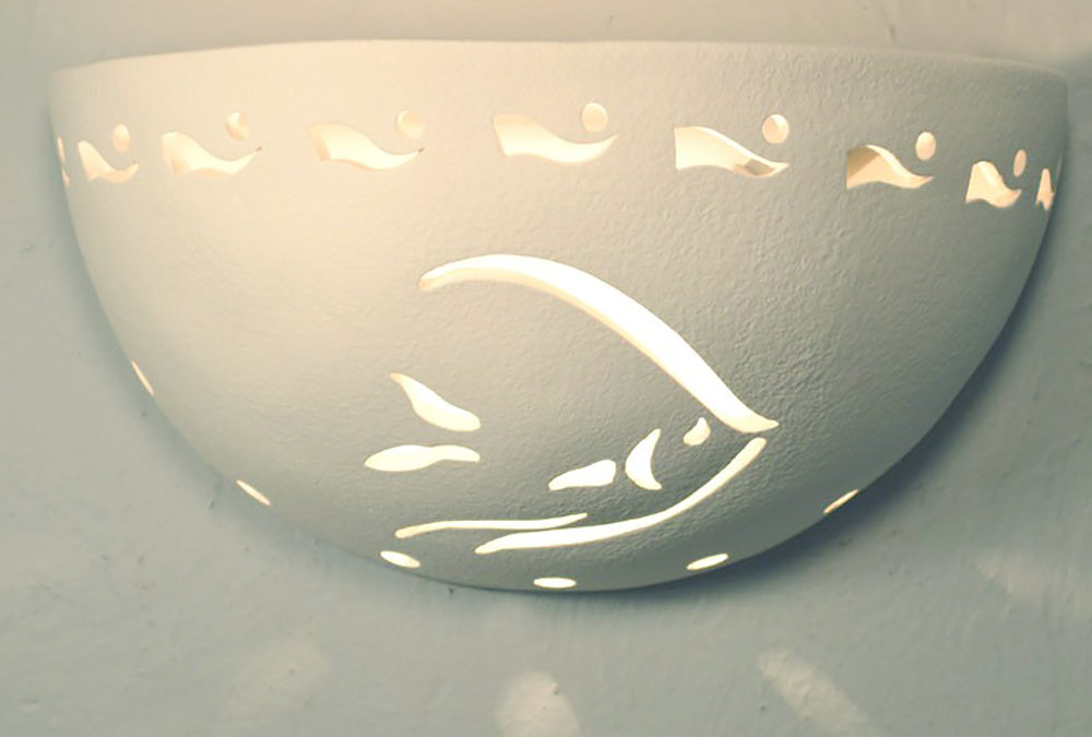 Small Bowl Sconce-Angel Fish w/Waves Border-White-Indoor Uplight