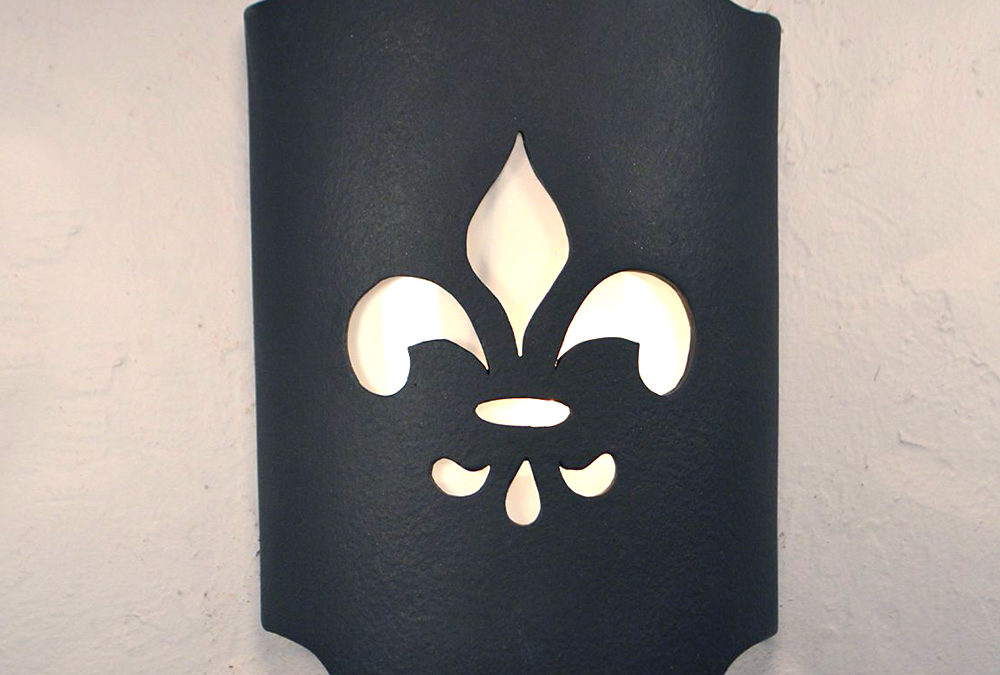 12″ Wall Light-Fleur de Lis on a Arched Handcut Half Round-Black Suede-Indoor-Outdoor