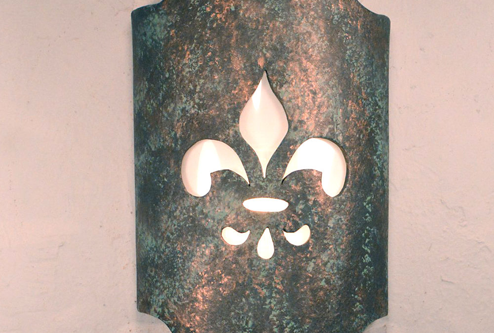 12″ Wall Light-Fleur de Lis on a Arched Handcut Half Round-Copper Moss Agate Copper-Indoor-Outdoor