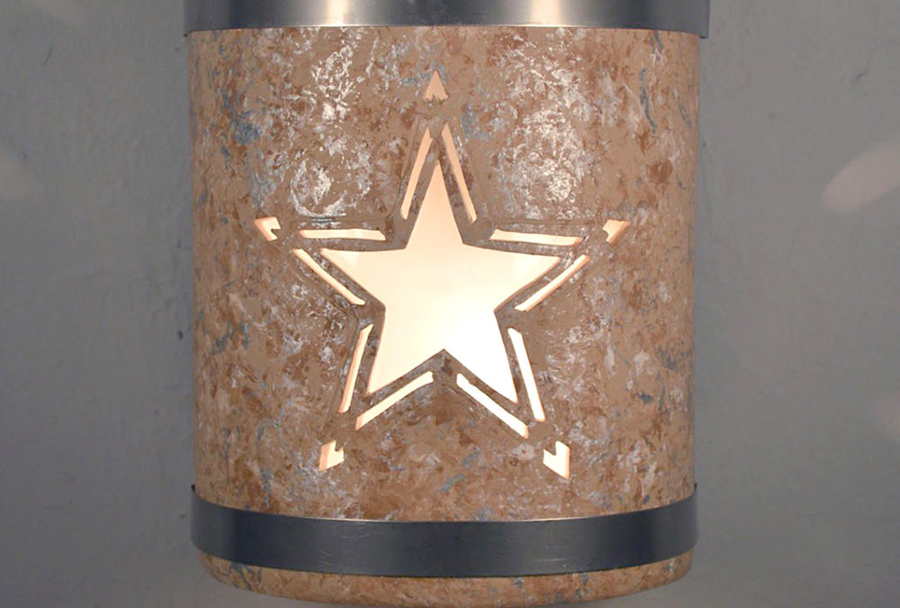 9″ Wall Light-Texas Star-Open Top Half Round-Silver Rocky Road-Stainless Steel Bands-Indoor-Outdoor