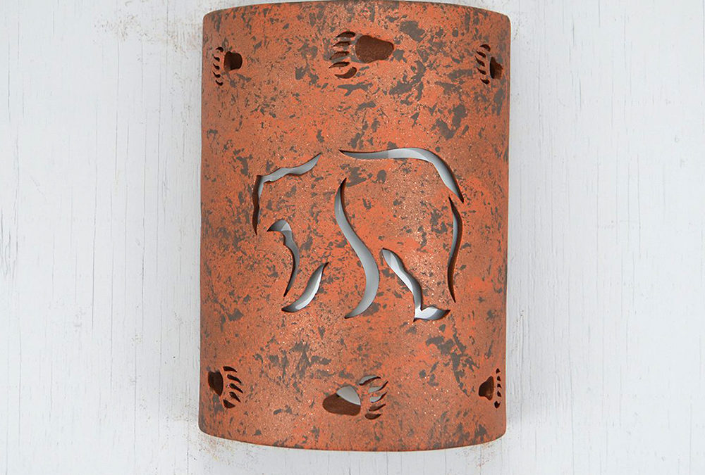 10″ Wall Light-Mountain Bear w/Bear Paws Border-Low Profile (ADA) Open Top Half Round-Copper Brick-Indoor-Outdoor