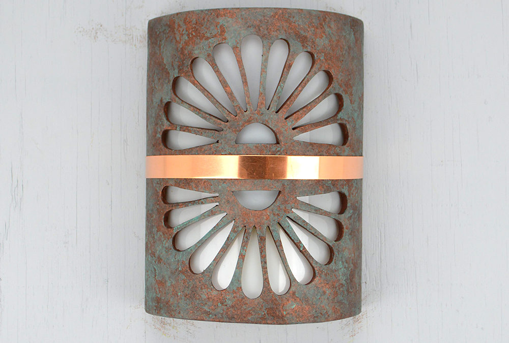 10″ Wall Light-Double Fan-Low Profile (ADA) Closed Top Half Round- Copper Patina-Middle Raw Copper Band-Indoor-Outdoor