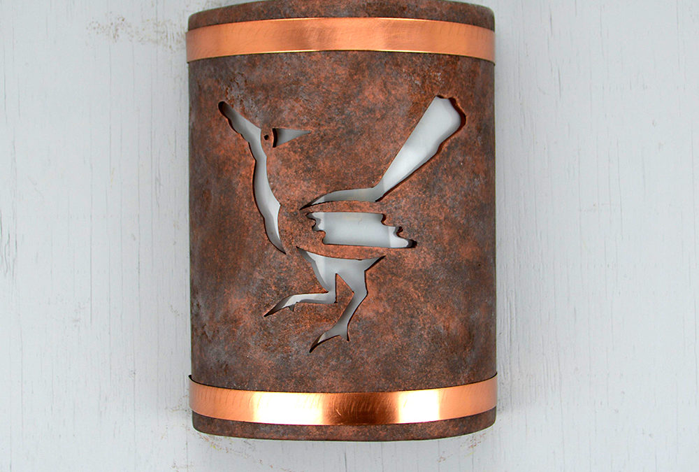 10″ Wall Light-Roadrunner-Closed Top (Dark Sky) ADA Low Profile Half Round-Antique Copper-Copper Bands-Indoor-Outdoor