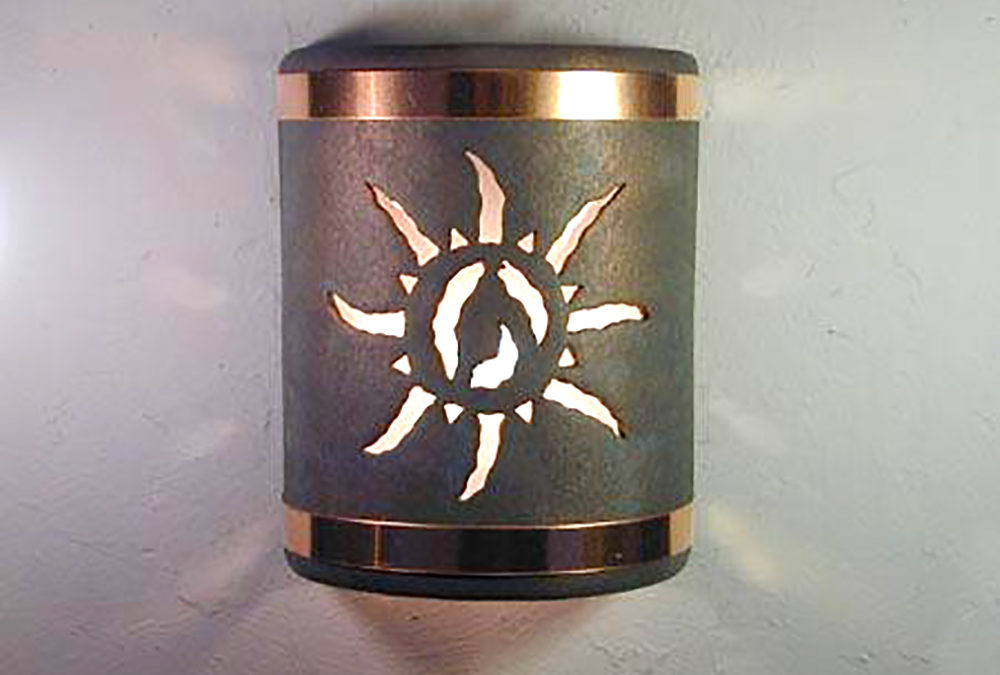 9″ Wall Light-Ancient Sun-Open Top Half Round-Copper Patina-Raw Copper Bands-Indoor-Outdoor