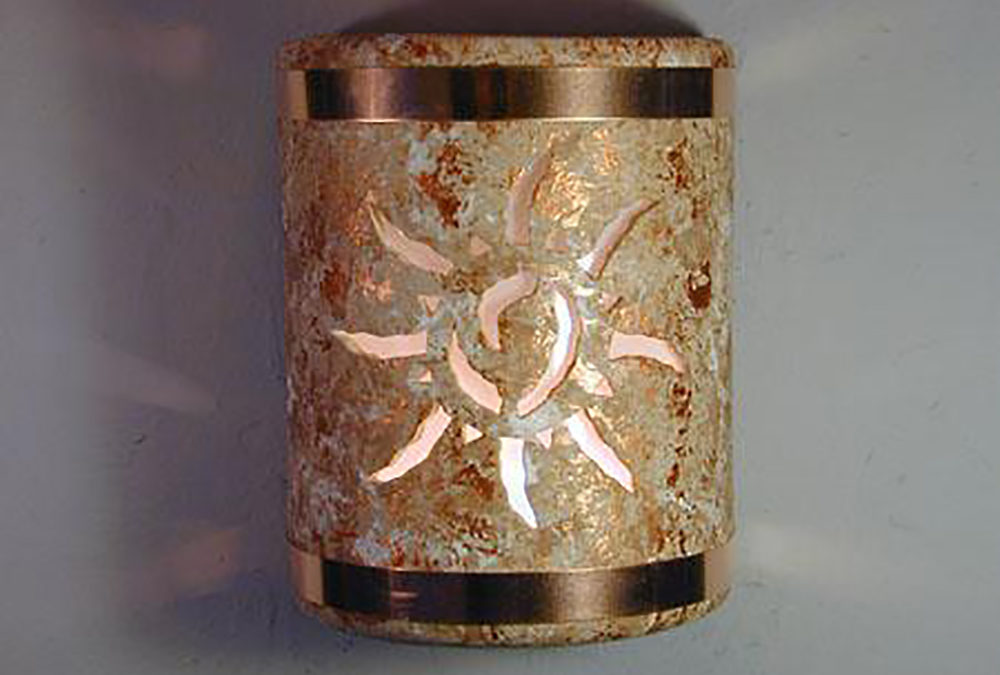 9″ Wall Light-Ancient Sun-Open Top Half Round-Copper Road-Raw Copper Bands-Indoor-Outdoor