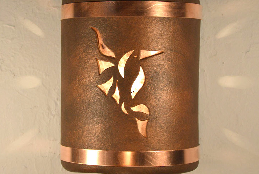 9″ Wall Light-Hummingbird-Open Top Half Round-Antique Copper-Raw Copper Bands-Silver Mica Lens-Indoor-Outdoor