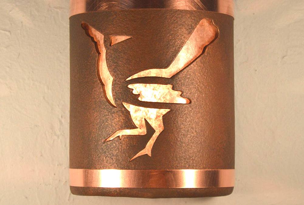 9″ Wall Light-Roadrunner-Open Top Half Round-Antique Copper-Copper Bands-Silver Mica-Indoor-Outdoor