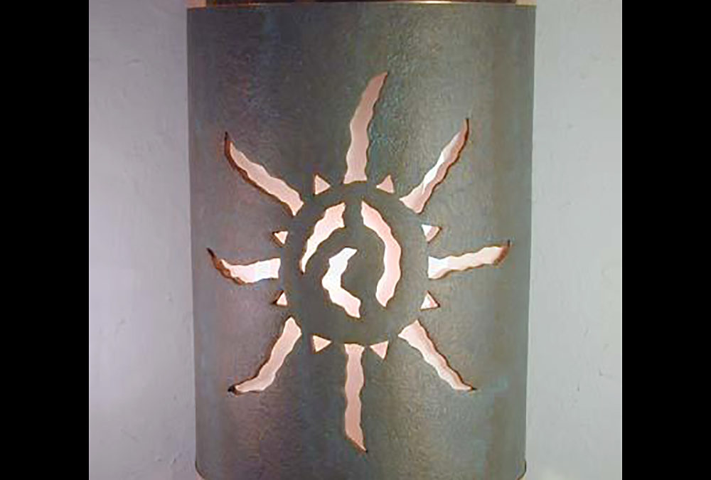 18″ Wall Light-Ancient Sun-Open Top Half Round-Copper Patina-Raw Copper Bands-Indoor-Outdoor