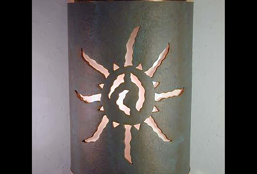 14″ Wall Light-Ancient Sun-Open Top Half Round-Copper Patina-Raw Copper Bands-Indoor-Outdoor