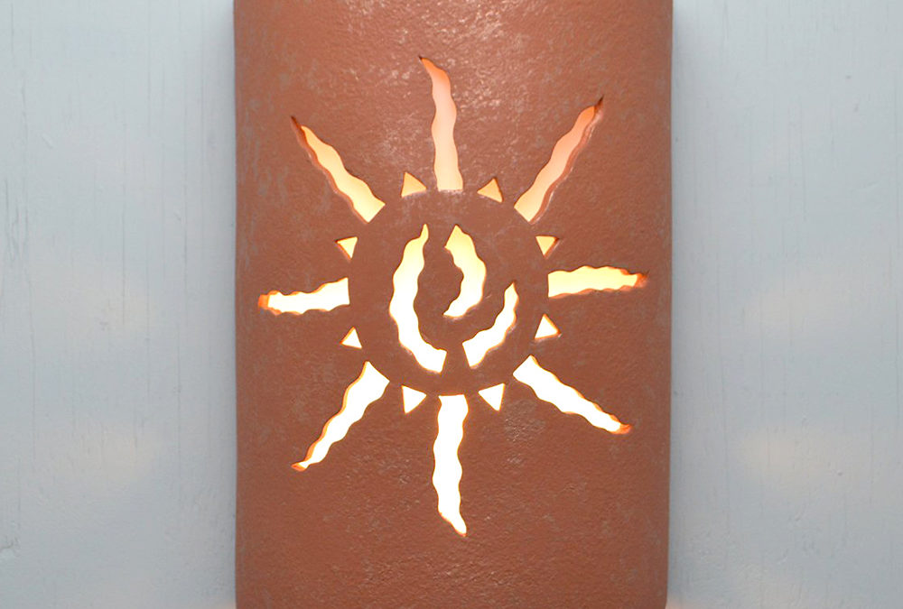 14″ Wall Light-Ancient Sun-Closed Top (Dark Sky) Half Round-Red Mica-Indoor-Outdoor