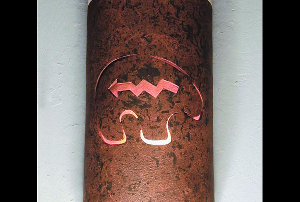 14″ Wall Light-Spirit Bear-Open Top Half Round-Copper Brick-Copper Bands-Amber Mica-Outdoor-Indoor