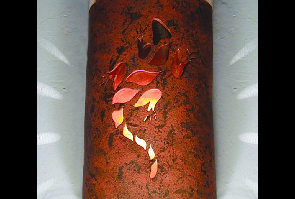 14″ Wall Light-Lizard-Open Top Half Round-Copper Brick- Raw Copper Bands–Amber Mica Lens-Indoor-Outdoor