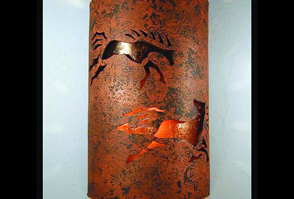 14″ Wall Light-Wild Horses-Open Top Half Round-Copper Bands-Copper Brick-Amber Mica-Indoor-Outdoor