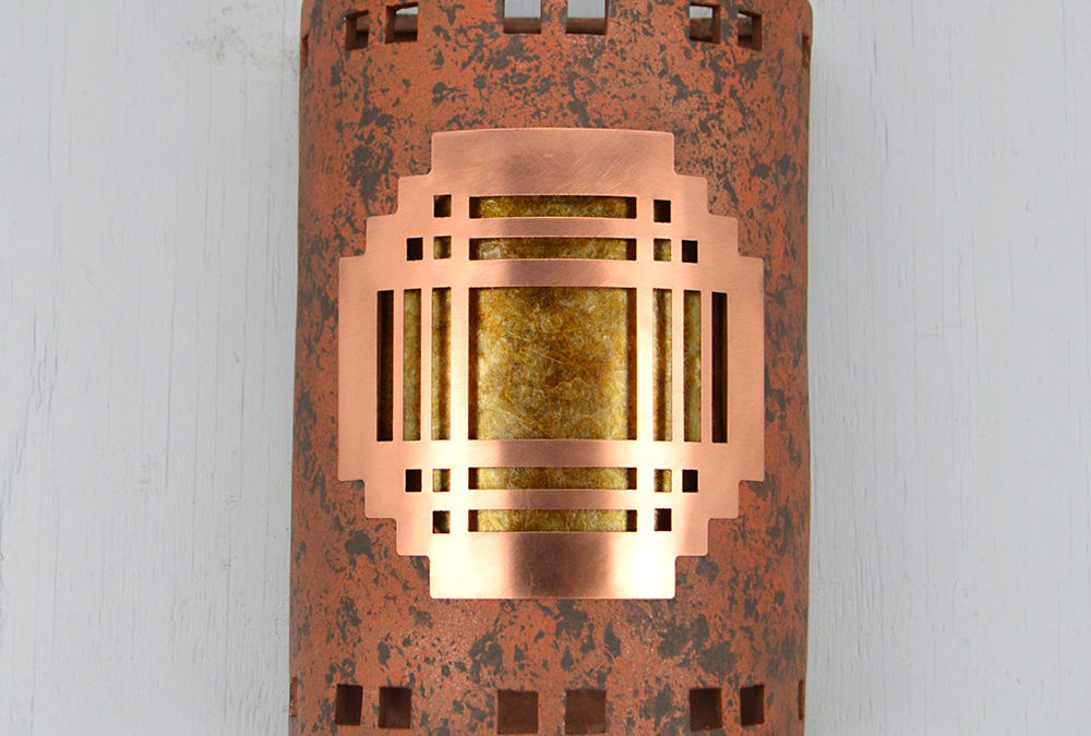 12″ Wall Light-Mission Cover w/Single Window Borders-Open Top Half Round-Copper Brick-Amber Mica-Indoor-Outdoor