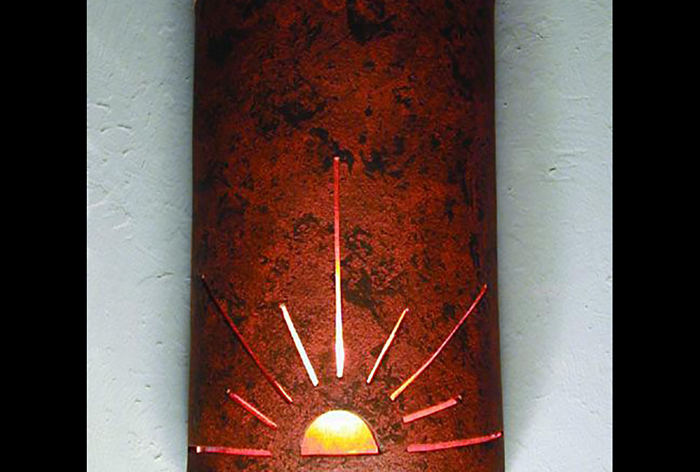 14″ Wall Light-Sunrise-Open Top Half Round-Copper Brick-Copper Bands-Amber Mica-Indoor-Outdoor