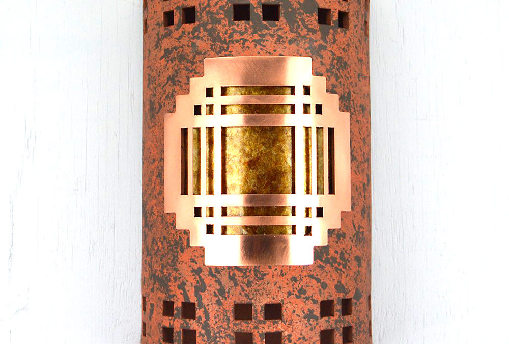 14″ Wall Light-Mission Copper Cover-Windows Border-Open Top Half Round-Copper Brick-Amber Mica Lens-Indoor-Outdoor