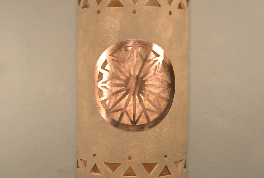 14″ Wall Light-Dreamcatcher Copper Cover w/Tribal Drum Border-Open Top Half Round-Taupe Wash-Silver Mica-Indoor-Outdoor