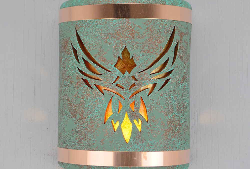 9″ Wall Light-Phoenix-Open Top Half Round-Raw Turquoise-Raw Copper Bands-Amber Mica-Indoor-Outdoor